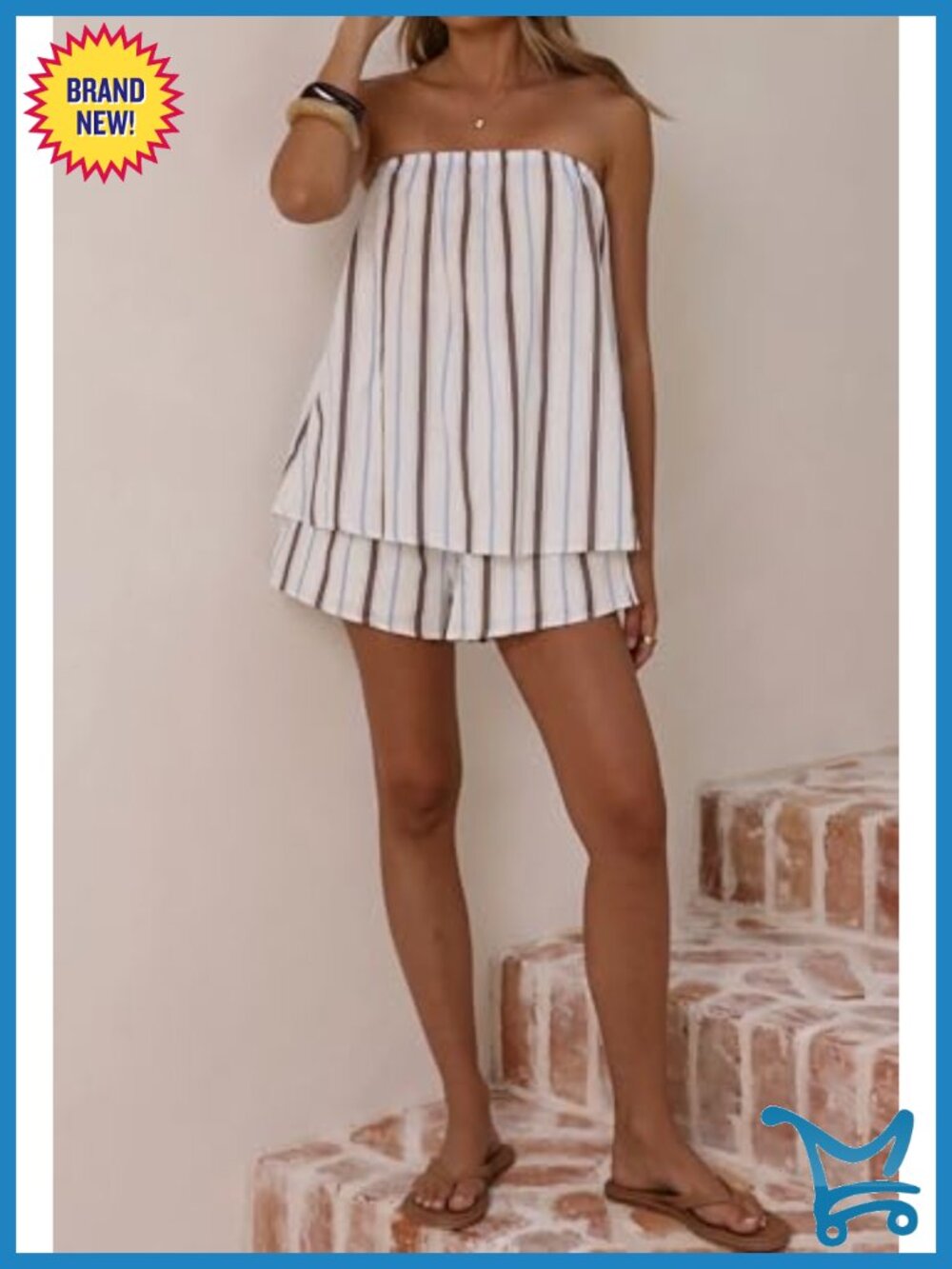Striped 2 Piece Matching Tube Top & Shorts Set Summer Outfits Ribbed Knit Y2K - Picture 2 of 5